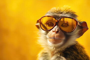 funny monkey with sunglasses on yellow background. Sunny day. Summer concept. AI generative