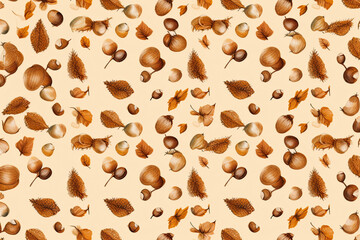 Obraz premium autumn pattern background with acorns and autumn leaf. Ai generative