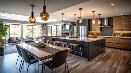 Interior design of a modern kitchen. Modern Kitchen With Black Countertops State. Generative Ai.