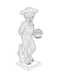 Boy sculpture statue wireframe. Vector illustration. Isolated on white background. Boy is holding a cup in his hand. 3D..