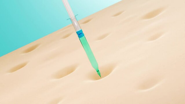 3D animation of an injection of treatment essence into the skin surface to shrink the pores. 3D illustration for skin solution concept