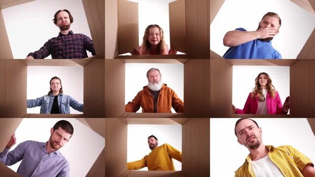 Collage. Different people, men, women and children opening cardboard box, unpacking, looking inside with unpleasant, disappointed emotions. Concept of human emotions, delivery, bad presents