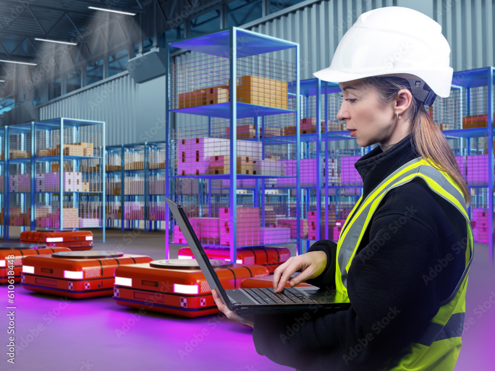 Poster woman engineer. warehouse automation. control of agv and amr. setting up warehouse robots. girl in o