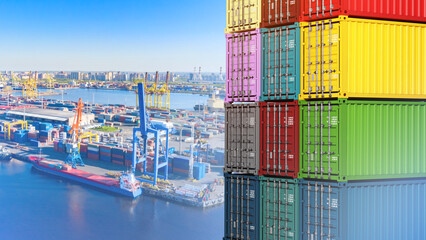 Fototapeta premium Container warehouse in seaport. Harbor for unloading ships. Multi-colored sea containers. Cranes for moving cargo to ship in seaport. Closed cargo containers. Maritime logistics. Transport via ocean