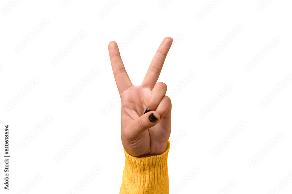 Wall mural hand gesture v sign for victory or peace sign isolated on transparent background