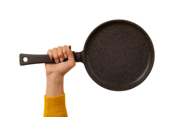granite pan for pancakes in hand isolated on transparent background