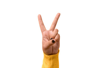 Hand gesture V sign for victory or peace sign isolated on transparent background