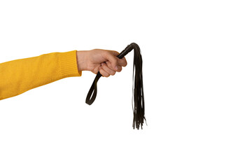 leather whip in hand isolated on transparent background, BDSM accessories