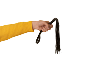 leather whip in hand isolated on transparent background, BDSM accessories