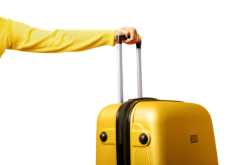 woman holding yellow suitcase in hand isolated on transparent background, travel concept