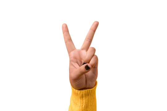 Hand gesture V sign for victory or peace sign isolated on transparent background