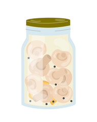 Mushrooms in glass jar concept. Pickle and conservation. Natural and organic products, healthy eating and proper nutrition. Cartoon flat vector illustration isolated on white background