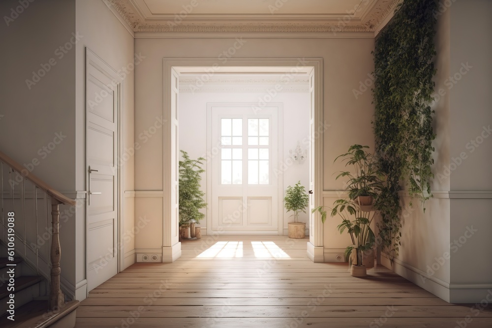 Poster a space that has a staircase and a plant in a container Generative AI