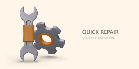 Web poster with realistic repair tool kit. 3d wrench and metal gear. Quick repair, overhaul tool concept. Vector illustration in cartoon style with background in warm colors