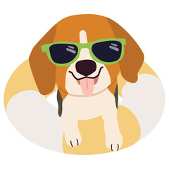 Happy Beagle dog with sunglasses and floating ring, air mattress for summer