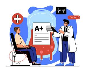 Patient with blood transfusion concept. Man in medical uniform shows contract to young guy. Activist and volunteer, blood donor. Medicine and healthcare, treatment. Cartoon flat vector illustration