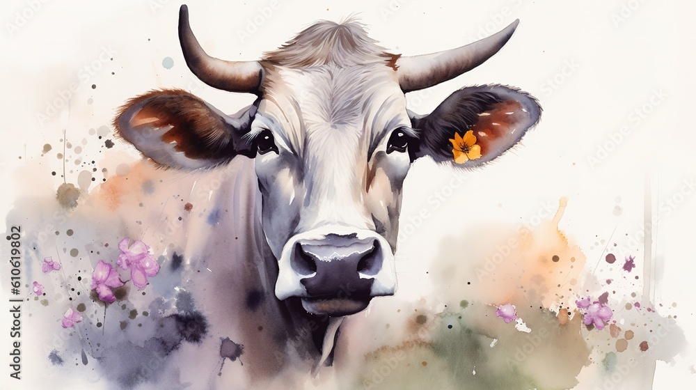 Poster a cow shown in the form of a digital artwork complete with horns generative ai