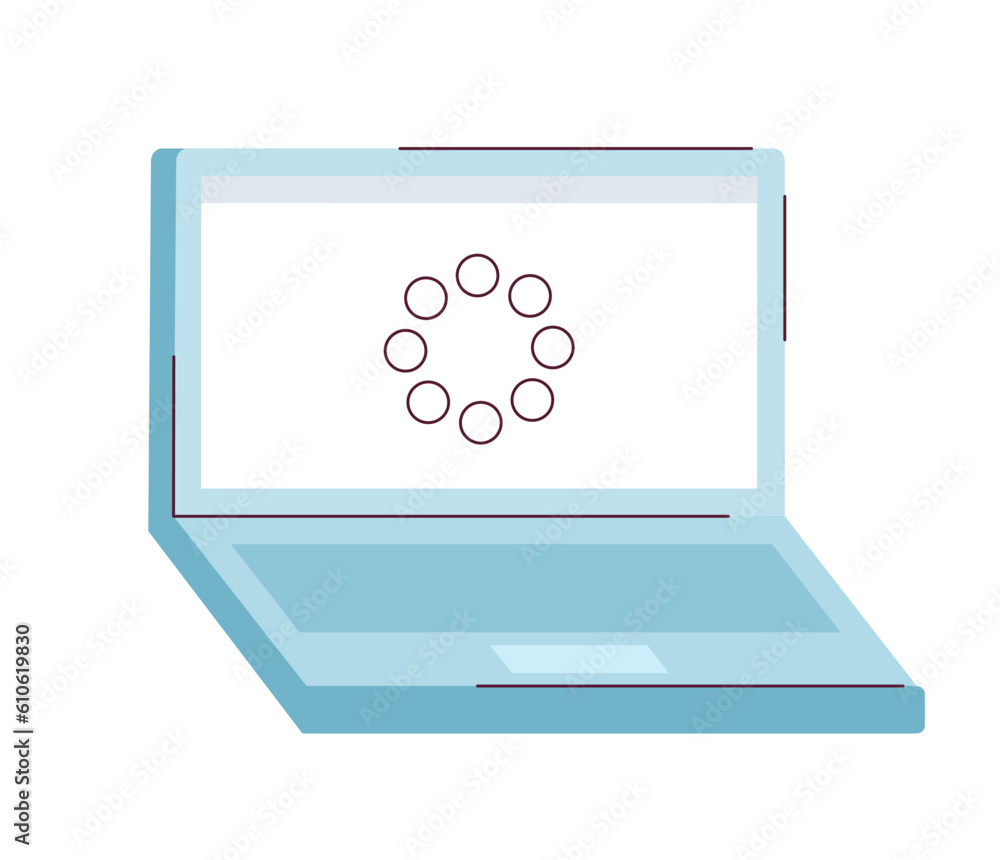 Poster buffering on laptop screen semi flat colour vector object. personal computer loading. waiting time. 