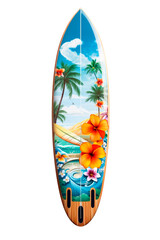 Isolated colorful surfboard with tropical motifs on cutout PNG transparent background. Generative AI