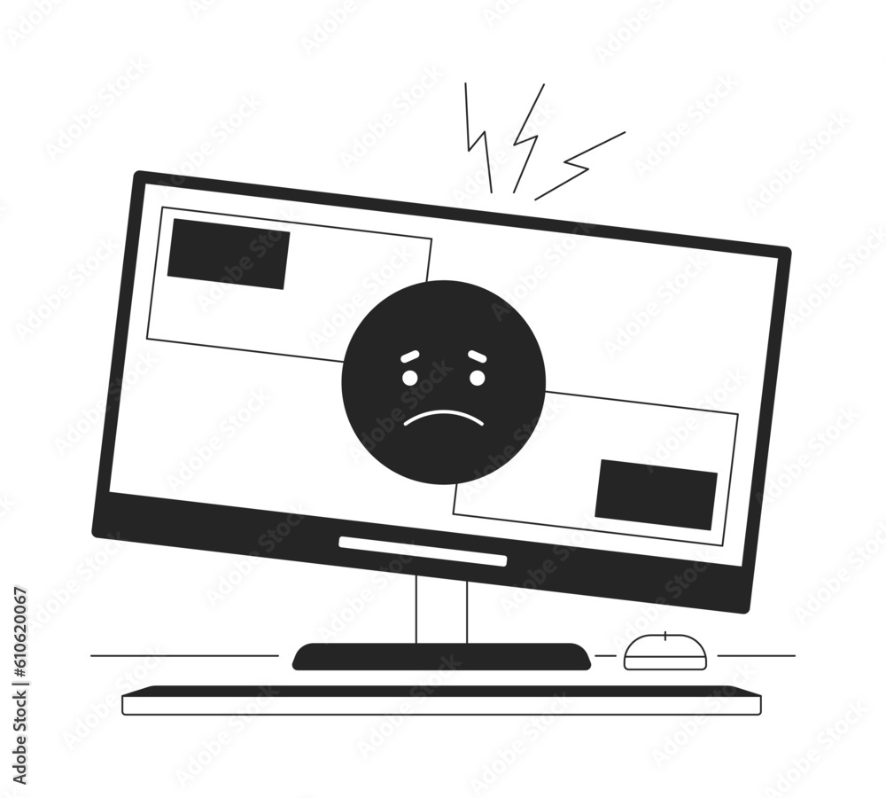 Poster computer problem bw vector spot illustration. sad emoticon on cracked display 2d cartoon flat line m
