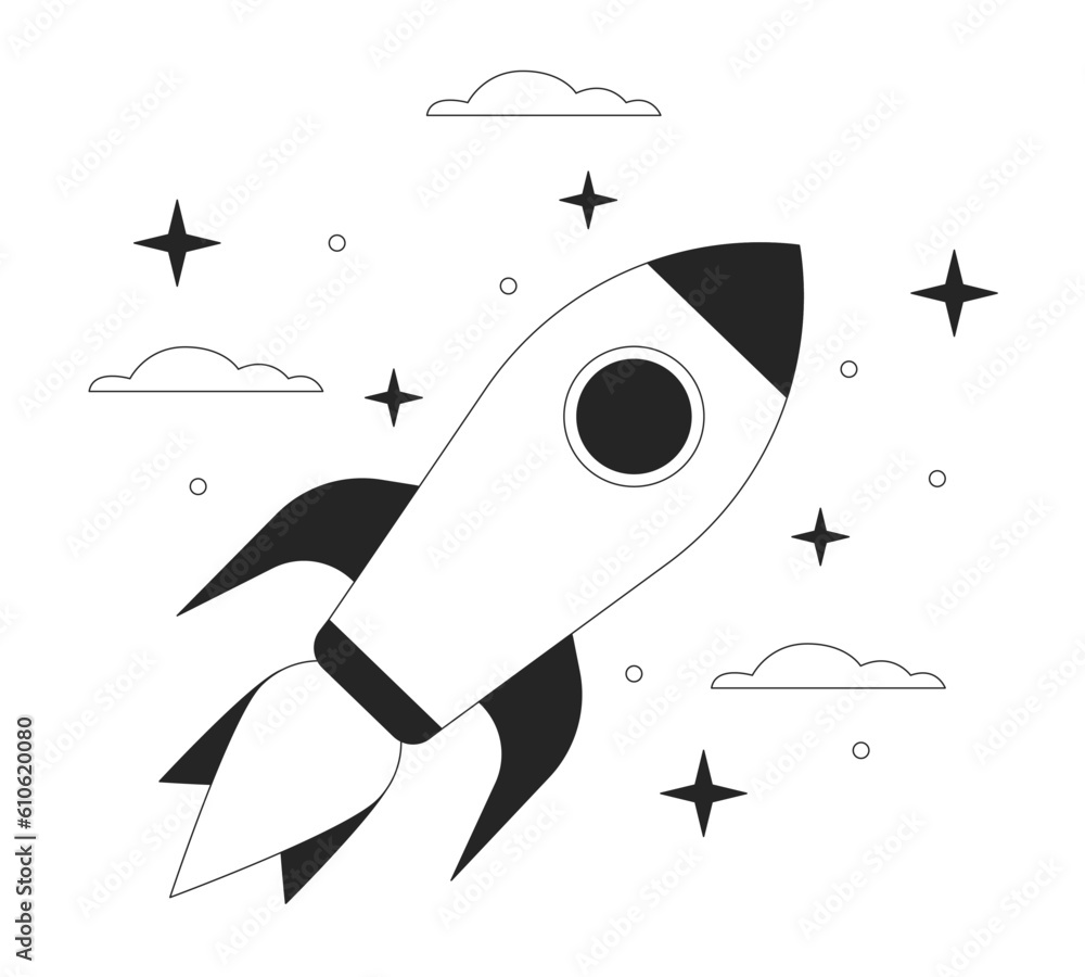 Poster spaceship in space bw vector spot illustration. shuttle in orbit 2d cartoon flat line monochromatic 