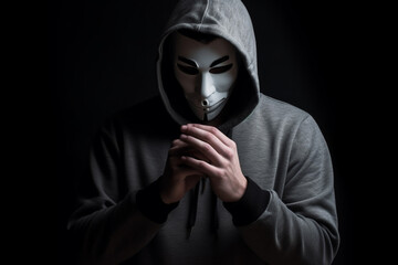 Mystery hoodie man with black mask holding white mask in his hand in font of his face