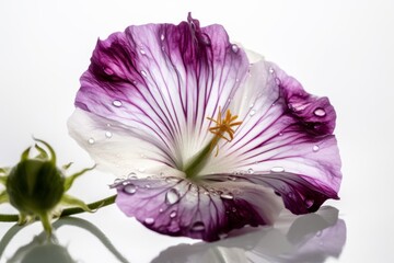 Artistic shot of a violet and white flower on white background, Generative ai