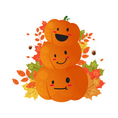 Cartoon cute pumpkins with colorful leaves on transparent vector