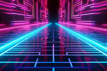 Fototapeta na wymiar Abstract futuristic neon lines background, blue and pink color. Cyber space and data transfer concept.AI generated, Generative AI