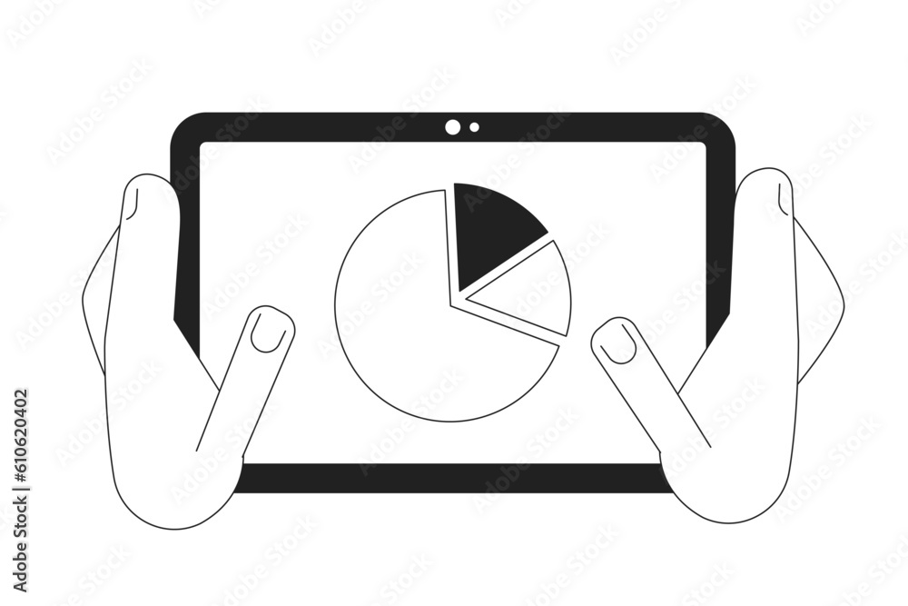 Poster digital marketing report monochrome concept vector spot illustration. holding tablet with pie chart 