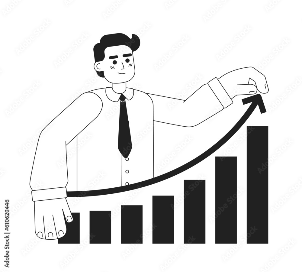 Poster Business growth monochrome concept vector spot illustration. Analyst 2D flat bw cartoon character for web UI design. Boost productivity. Sales increase chart isolated editable hand drawn hero image