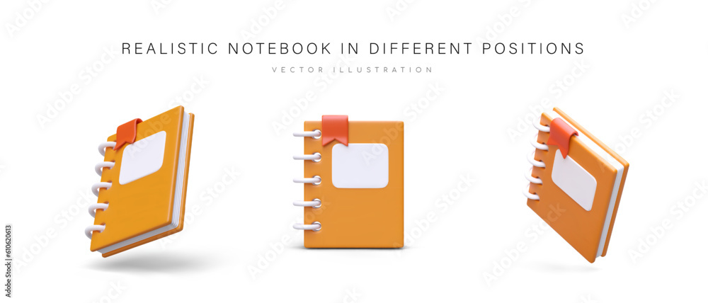 Poster realistic notebook in different positions. 3d planner with spring and bright bookmark. blank space f