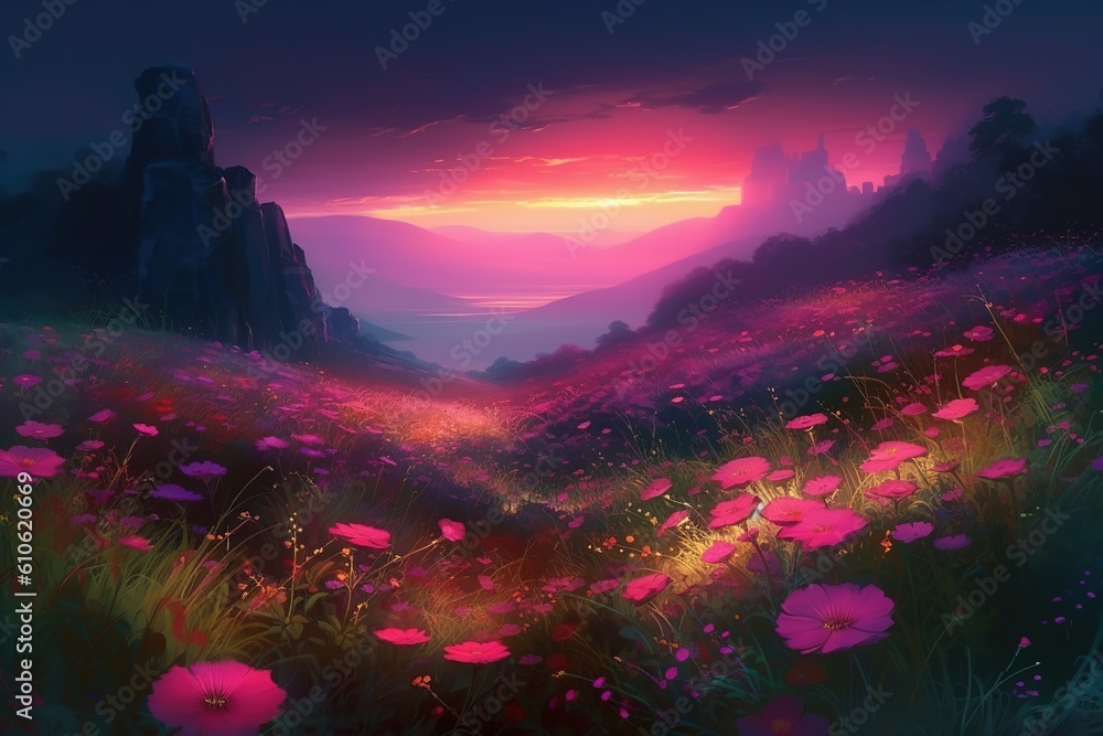 Poster a picture of a flower-filled field with a sunset in the background generative ai