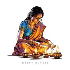 Indian lady lighting lamps for Diwali festival, vector illustration for Diwali