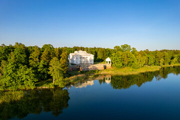 Fototapeta na wymiar Aerial summer sunny sunset view of Uzutrakis manor, Lithuania