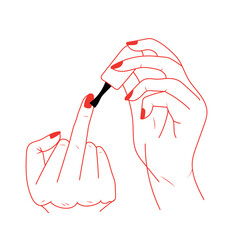 Middle finger sign, woman applying nail polish