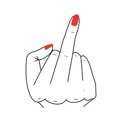 Middle finger sign, female middle finger with red nails - obrazy, fototapety, plakaty