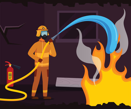 illustration of a person with a burning extinguisher illustration of a burning fire