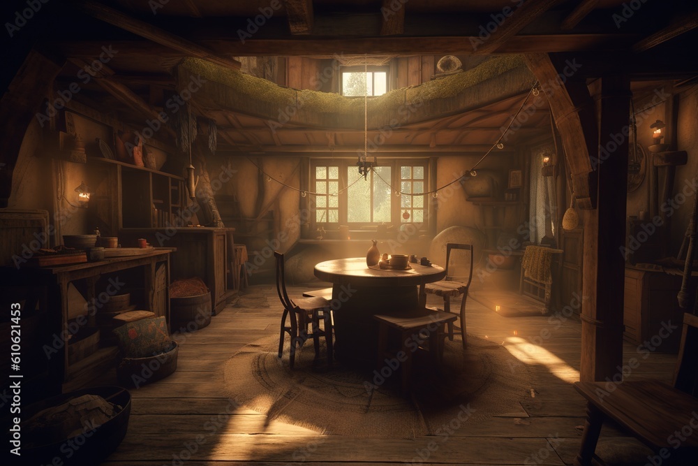 Poster a room with low lighting and a table and seats in it generative ai