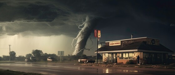 Intense and violent image of a tornado as a natural force and threat generated by AI