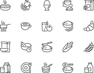 Set of vector line icons related to breakfast. Porridge, cereal, tea, coffee, banana, juice, croissant, egg, fruit. Editable stroke. Pixel perfect.