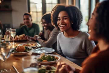 Family praying before dinner in thanksgiving dinner. ai generated