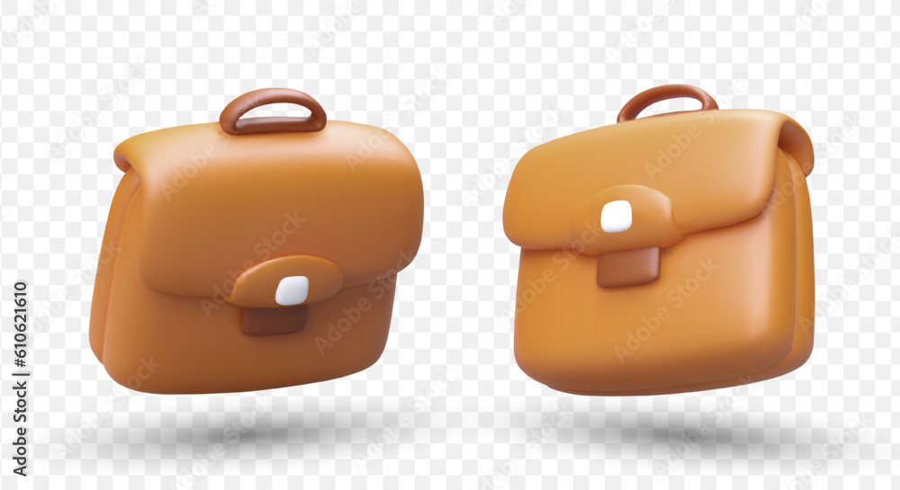 Poster two realistic briefcases, view from different sides. 3d cases with shadows. closed portfolio bag wit