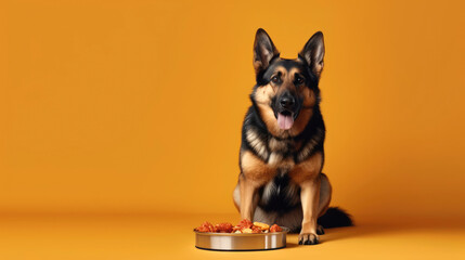 Happy dog with delicious pet food. Generative AI