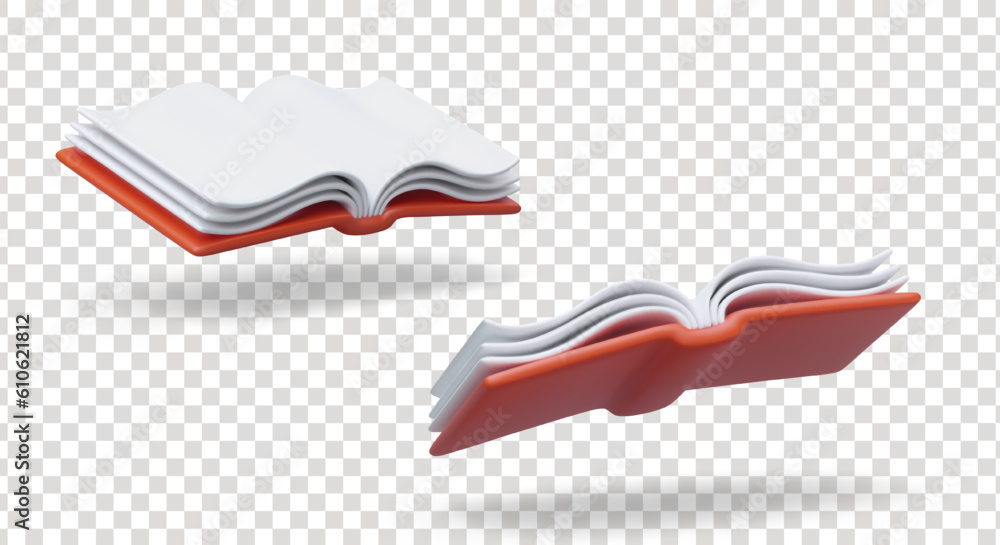 Poster 3d open book in different positions. hardcover volume, top, bottom view. tome with blank pages. set 