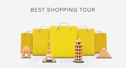 Best shopping tours. Relaxation for shopaholics. Row of giant yellow 3D paper bags with realistic world landmarks. Advertising banner with cartoon elements