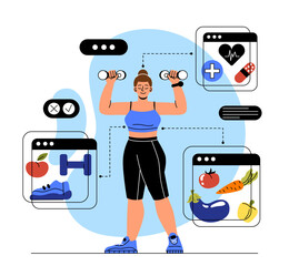 Woman with healthy lifestyle concept. oung girl performs exercises with two dumbbells. Athlete trains, fitness and workout. Diet and proper nutrition. Cartoon flat vector illustration