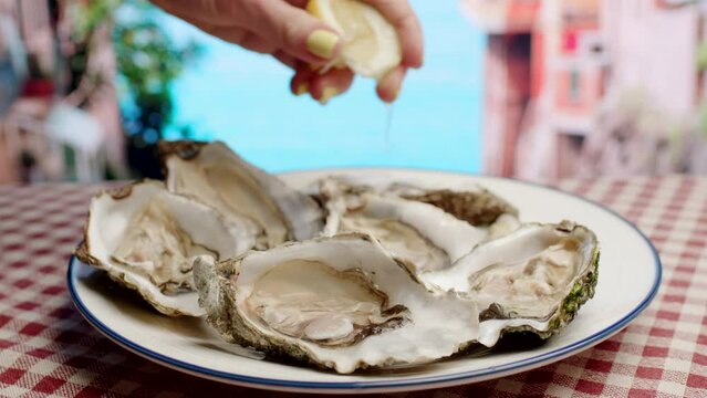 Female Hand Squeezing Lemon on Oysters. Close Up, Slow Motion. 