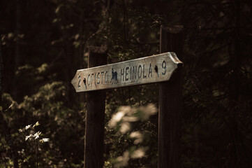 A dark close up shot of a directional sign