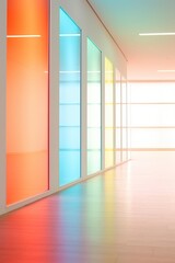 Neon colored room with glass and sun rays. Generated AI.